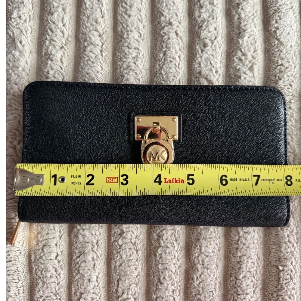 Michael Kors Hamilton Black Pebbled Leather Zip Around Wallet Gold Padlock